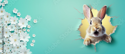 Easter flowers and cute bunny on teal green backgrou,  poster and banner template with. Greetings for Easter Day in flat lay. Promotion and shopping banner  by Vita photo