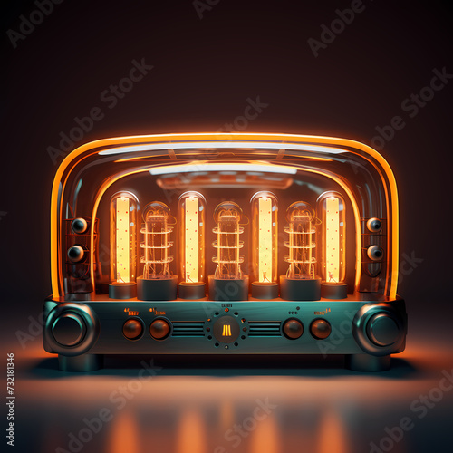Vintage radio with glowing tubes. 