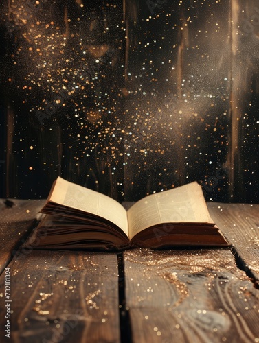 image of open antique book on wooden table with glitter overlay, realistic, HD, copy space - generative ai