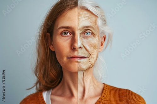 Aging acne vulgaris. Comparison young to old woman earlobe elongation. Less Wrinkles, beauty influencer, vital sign, lines through skincare, anti aging cream, fungal infection and face lift photo