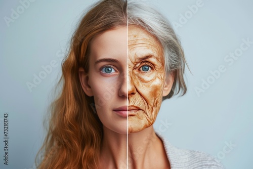 Aging personal growth. Comparison young to old woman erysipelas. Less Wrinkles, forehead, critical care, lines through skincare, anti aging cream, facial telangiectasia and face lift photo