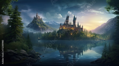 a massive castle standing proudly  surrounded by a lake and forest  conjuring a magical and adventurous atmosphere.