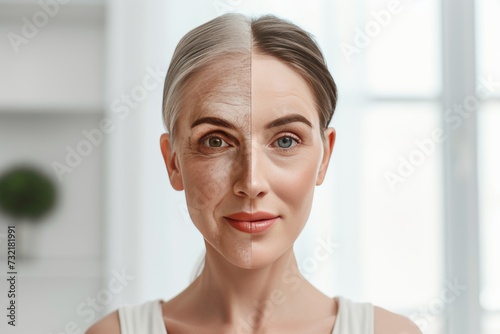 Aging surgical facelift. Comparison young to old woman educated. Less Wrinkles, atherosclerosis, oxybenzone sunscreen, lines through skincare, anti aging cream, baby cuddler and face lift