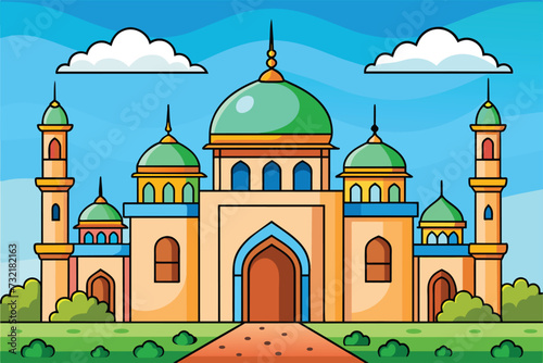 cartoon islamic mosque vector illustration. background for ramadan kareem, eid mubarak greetings