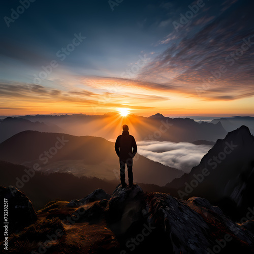 Silhouette of a person at sunrise on a mountaintop © Cao