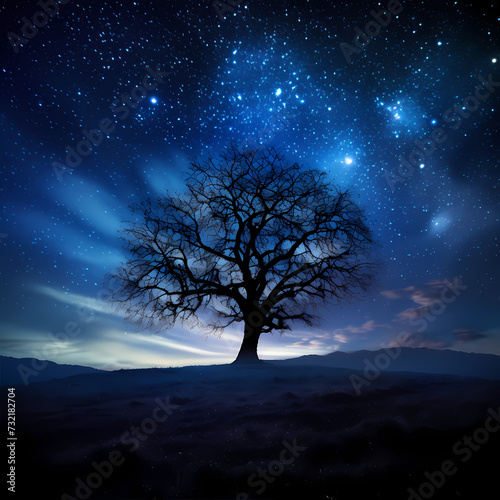 Starry night sky with a silhouetted tree. 