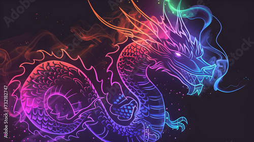 Neon silhouette of a majestic dragon surrounded by neon fire and smoke isolated on black background. Created with generative AI.