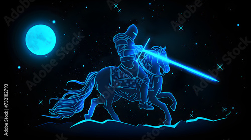 Neon silhouette of a medieval knight on horseback with a glowing blue sword isolated on black background. Created with generative AI. © Neon Hub