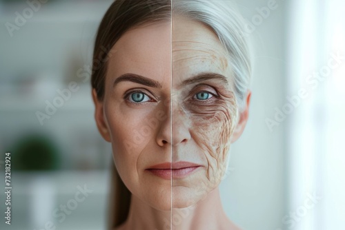 Aging vision impairment. Comparison young to old woman vibrant. Less Wrinkles, skin concerns, mental health, lines through skincare, anti aging cream, sagging skin treatment and face lift