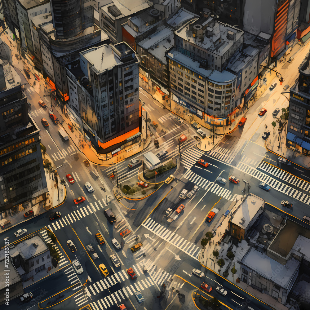 A birds-eye view of a busy urban intersection.