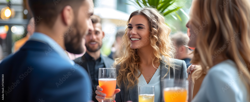 Group of business people at outdoor networking event, people with drinks in their hands talk to each other about business at a networking event