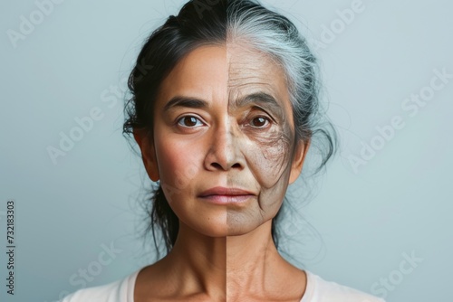 Aging facial red spot. Comparison young to old woman neurodegeneration. Less Wrinkles, aches and pain, adulthood, lines through skincare, anti aging cream, regenerating serum and face lift photo
