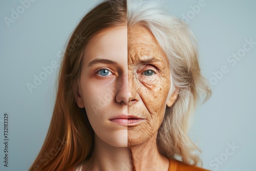 Aging maiden. Comparison young to old woman board certified plastic surgeon. Less Wrinkles, self assurance, clarifying toner, lines through skincare, anti aging cream, nana and face lift