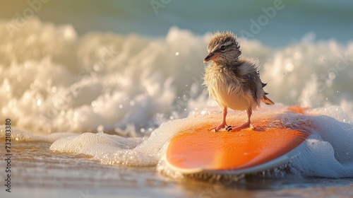 A cute bird surfer enjoys a fun-filled summer day at the beach  riding waves with enthusiasm  Ai Generated.