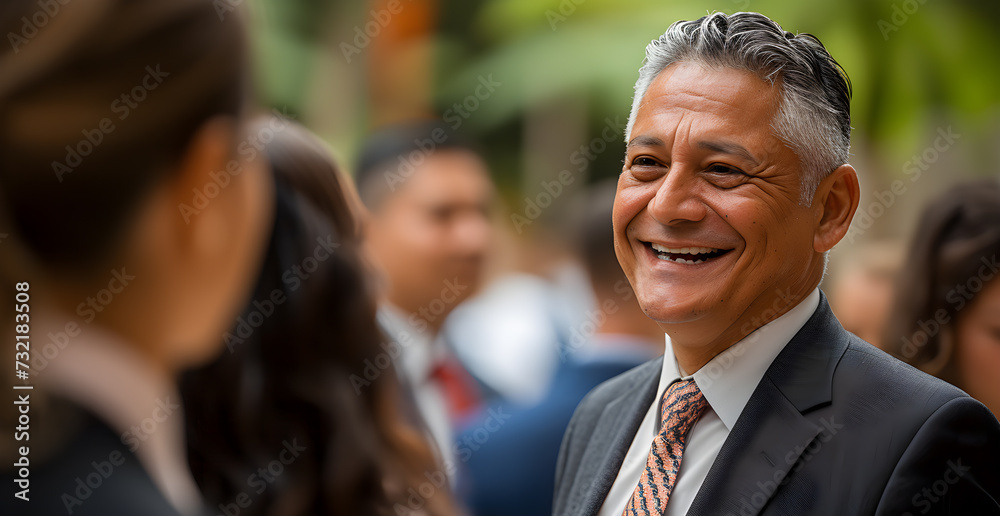 Charismatic latin Businessman Sharing a Laugh with Colleagues in a Modern Corporate Environment, Networking and Morale in the Workplace Concept Charismatic latin Businessman Sharing a Laugh with Colleagues in a Modern Corporate Environment, Networking and Morale in the Workplace Concept
