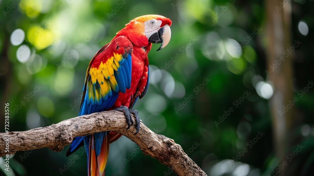 Colorful parrot perches gracefully on a branch, its vibrant plumage a sight to behold, Ai Generated. Colorful parrot perches gracefully on a branch, its vibrant plumage a sight to behold, Ai Generated.