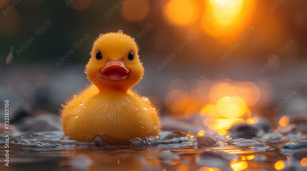 Close-up of a rubber duck floating on water, its cheerful presence brightening the scene, Ai Generated. Close-up of a rubber duck floating on water, its cheerful presence brightening the scene, Ai Generated.