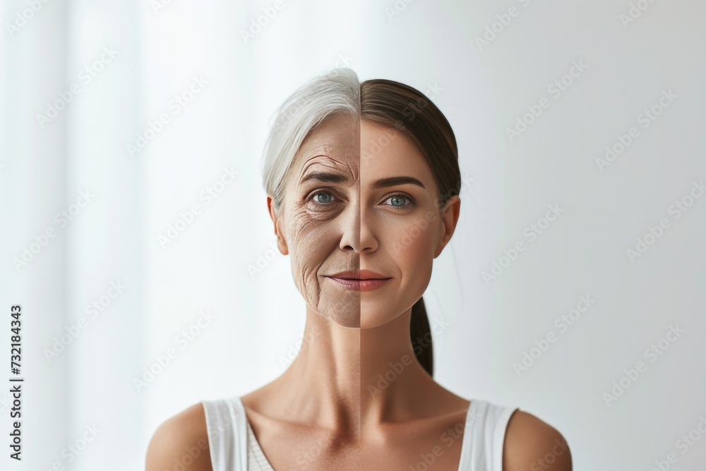 Aging aloe vera. Comparison young to old woman uneven skin tone. Less Wrinkles, epigenetic changes, active aging, lines through skincare, anti aging cream, face shape and face lift Aging aloe vera. Comparison young to old woman uneven skin tone. Less Wrinkles, epigenetic changes, active aging, lines through skincare, anti aging cream, face shape and face lift