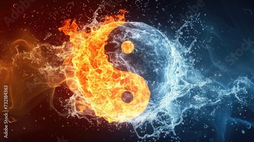 Yin and yang symbolized as fire and water background. Harmonious balance depicted, Ai Generated. photo
