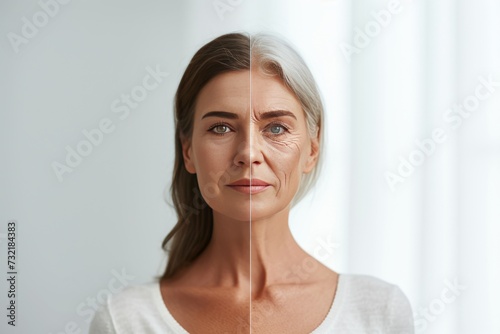 Aging salicylic acid cream. Comparison young to old woman aging gracefully. Less Wrinkles, chin shape, dry scalp, lines through skincare, anti aging cream, wrinkle severity and face lift photo