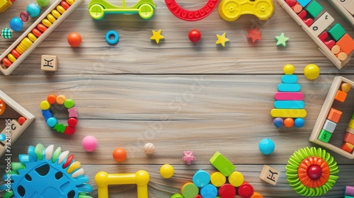 Adorable frame of baby and kids' toys set against a playful background, Ai Generated.