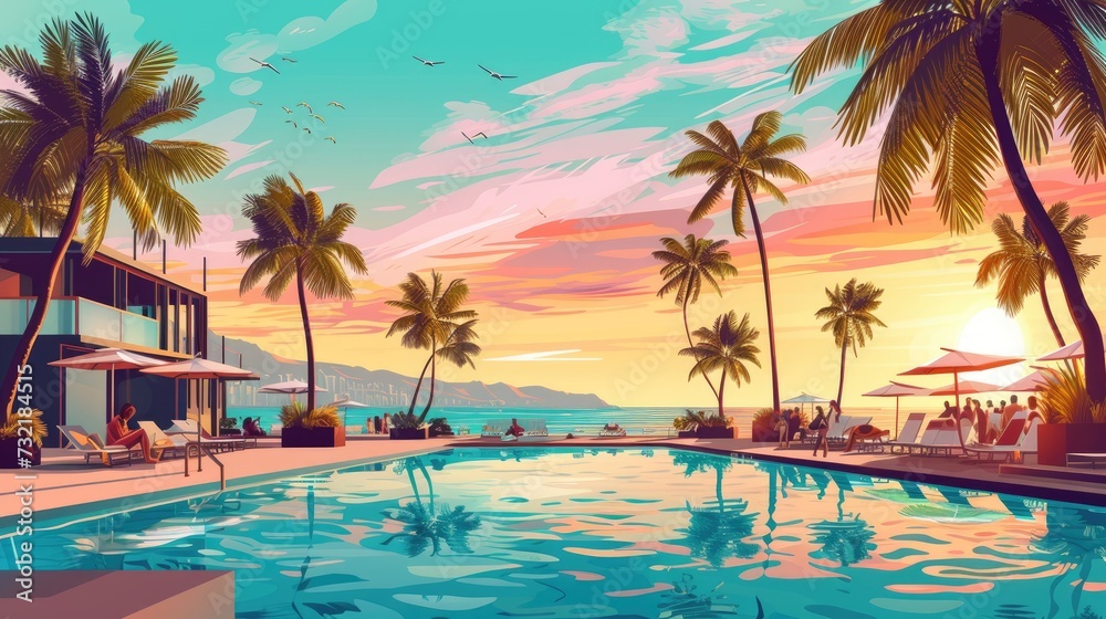 Vibrant beach vibes, lively pool party, and a chic club summer backdrop, Ai Generated.