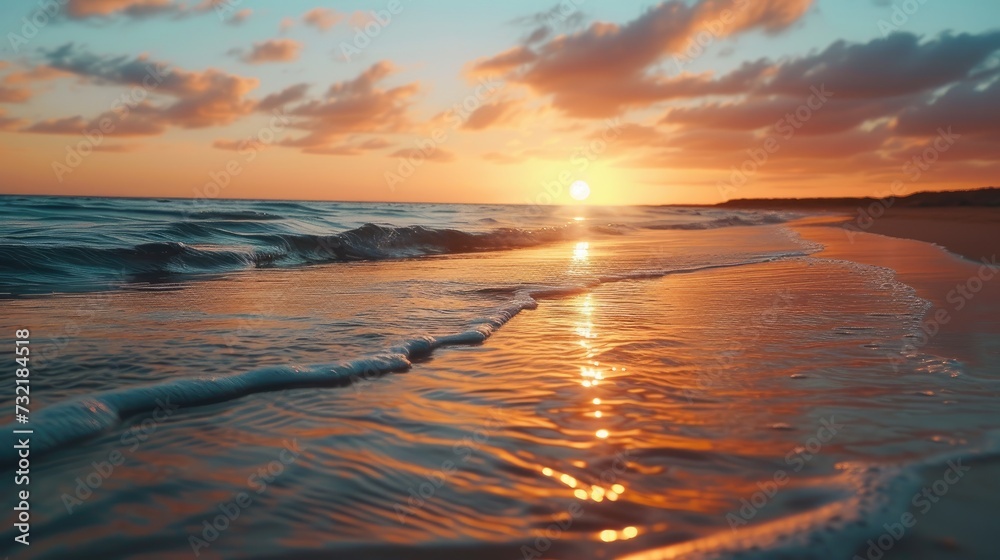 Sunset paints a tranquil beach with golden sands kissed by gentle waves, Ai Generated