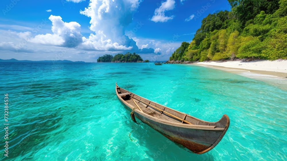 A canoe glides over turquoise tropical waters near a sandy beach, a scenic paradise, Ai Generated. - obrazy, fototapety, plakaty 