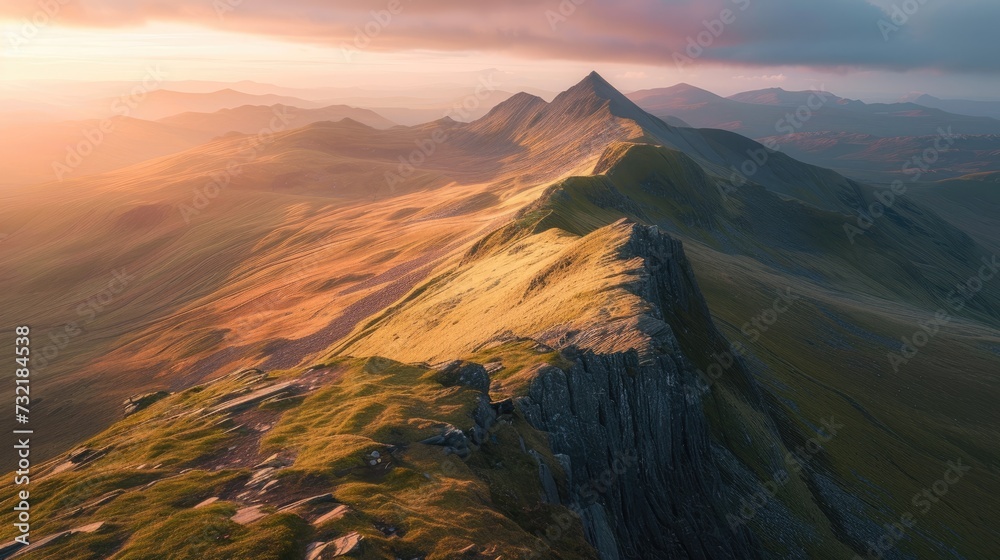 Aerial view captures Maelifell mountain at sunset, its majesty overlooking the valley, Ai Generated
