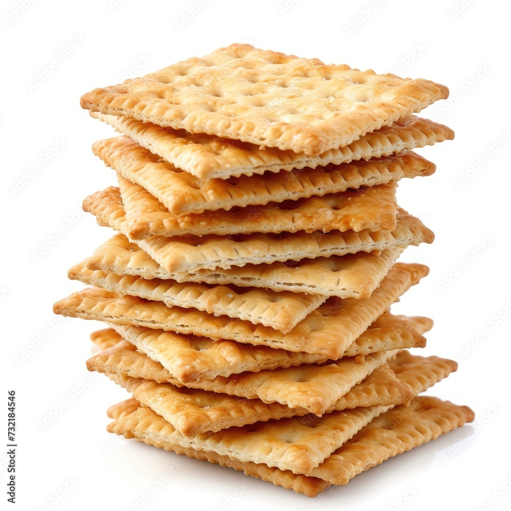 Crunchy stack of crackers isolated on white, perfect for snack designs, Ai Generated. Crunchy stack of crackers isolated on white, perfect for snack designs, Ai Generated.