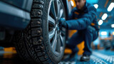 A car mechanic is changing a car tire at repairing service garage. background banner copy space area