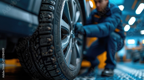 A car mechanic is changing a car tire at repairing service garage. background banner copy space area