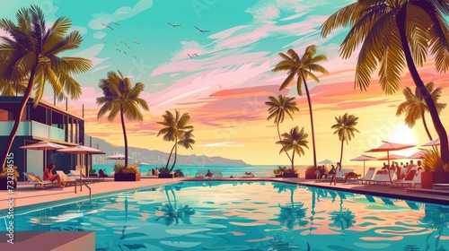 Vibrant beach vibes, lively pool party, and a chic club summer backdrop, Ai Generated.