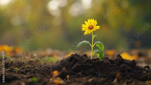 A single yellow flower emerges from a humble dirt mound, nature's vibrant resilience, Ai Generated photo