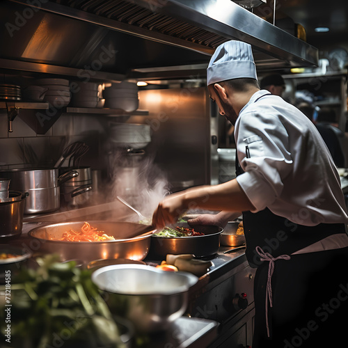 A close-up of a chef cooking in a busy kitchen. 