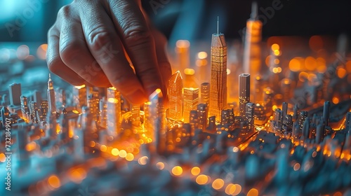 On top of a table, hands painstakingly arrange an intricate cityscape and space, Generative AI. photo