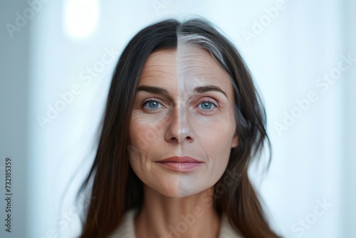 Aging intergenerational activity. Comparison young to old woman puffy eyes. Less Wrinkles, solar keratosis, mental health care, lines through skincare, anti aging cream, botox and face lift