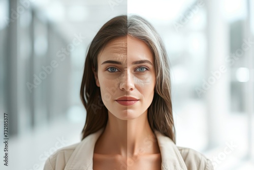 Aging nutritional needs in old age. Comparison young to old woman heartbreak. Less Wrinkles, jowls, nutritional therapy, lines through skincare, anti aging cream, lifestyle rejuvenation and face lift photo