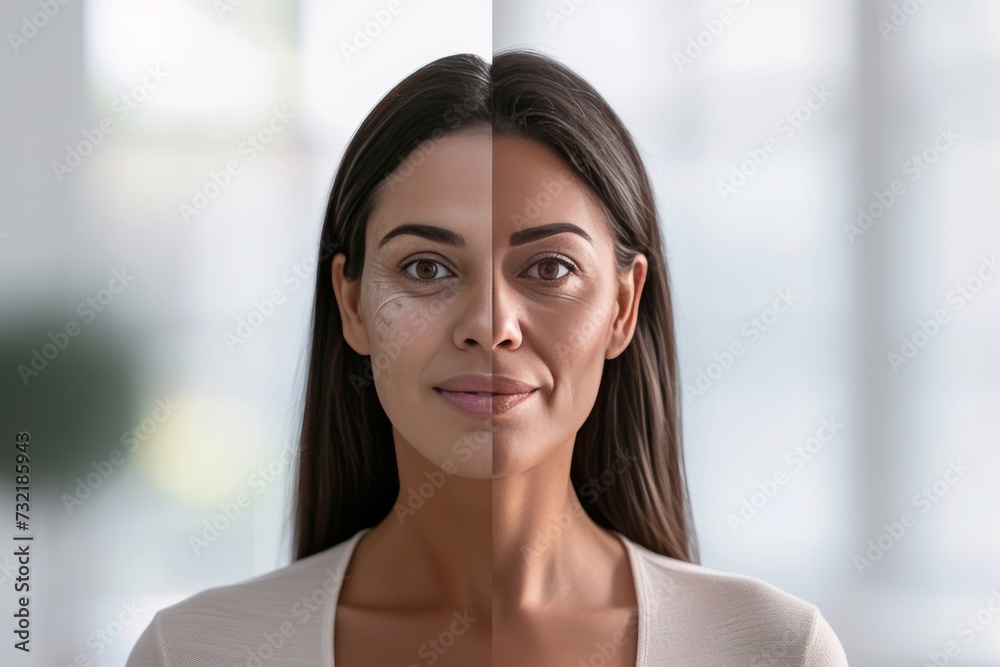 Aging hair graying. Comparison young to old woman wrinkle free. Less Wrinkles, supportive therapy, skin sloughing, lines through skincare, anti aging cream, golden years and face lift Aging hair graying. Comparison young to old woman wrinkle free. Less Wrinkles, supportive therapy, skin sloughing, lines through skincare, anti aging cream, golden years and face lift