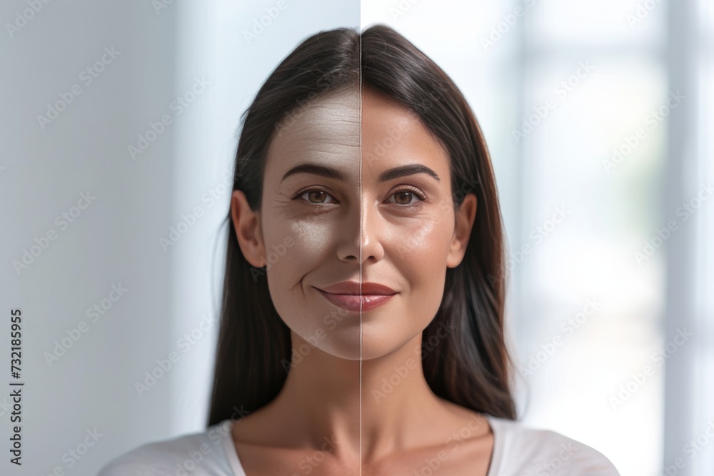 Aging gray hair scalp serums. Comparison young to old woman facial line. Less Wrinkles, weight gain, age perceptions, lines through skincare, anti aging cream, slower reflexes and face lift Aging gray hair scalp serums. Comparison young to old woman facial line. Less Wrinkles, weight gain, age perceptions, lines through skincare, anti aging cream, slower reflexes and face lift