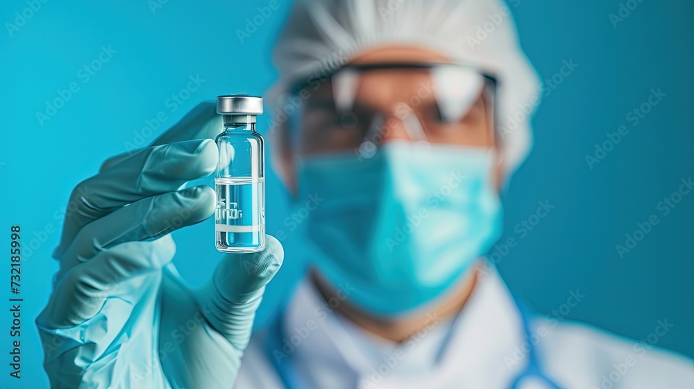 Blurred photo of a doctor in a mask, white coat and protective gloves holds the medicine in a glass ampoule. A symbol of hope as a doctor prepares essential medication. Blurred photo of a doctor in a mask, white coat and protective gloves holds the medicine in a glass ampoule. A symbol of hope as a doctor prepares essential medication.