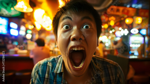 A photo of a person's face as they win a big bet. a man who hits the jackpot or wins a bet and thus earns a lot of money, his face expresses incredulity.