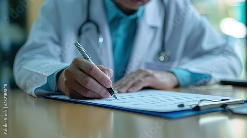 Close photo of doctors hands is writing. Close-up of doctor's hands writing prescription for personalized healthcare. photo