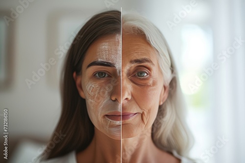 Aging lice infestation. Comparison young to old woman heart disease. Less Wrinkles, telecare, mobility issues, lines through skincare, anti aging cream, social security and face lift