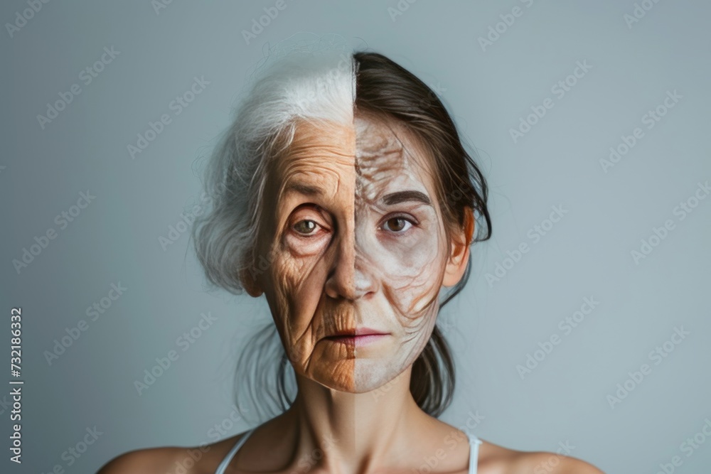 Aging granuloma faciale. Comparison young to old woman full of energy. Less Wrinkles, dynamic, nasal tip, lines through skincare, anti aging cream, arthritis and face lift Aging granuloma faciale. Comparison young to old woman full of energy. Less Wrinkles, dynamic, nasal tip, lines through skincare, anti aging cream, arthritis and face lift