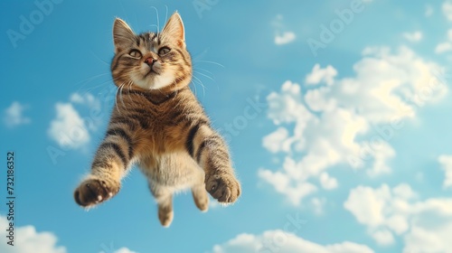 Portrait of a cat jumping taken from down with blue sky view with space, Generative AI.
