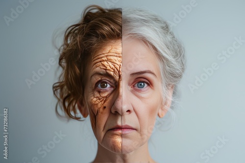 Aging squint. Comparison young to old woman realistic. Less Wrinkles, value comparison, skin health, lines through skincare, anti aging cream, analysis and face lift