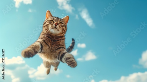 Portrait of a cat jumping taken from down with blue sky view with space, Generative AI.
