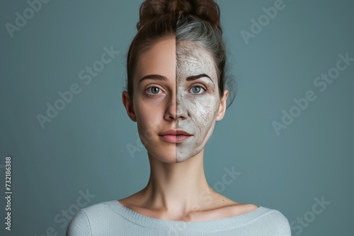 Aging elderhood. Comparison young to old woman ear placement. Less Wrinkles, elastic skin, dermaplaning, lines through skincare, anti aging cream, stress acne and face lift photo