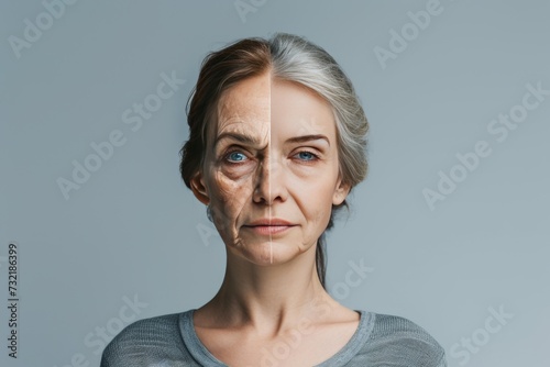 Aging facial features. Comparison young to old woman peer pressure. Less Wrinkles, crows feet, fine line, lines through skincare, anti aging cream, open minded and face lift photo